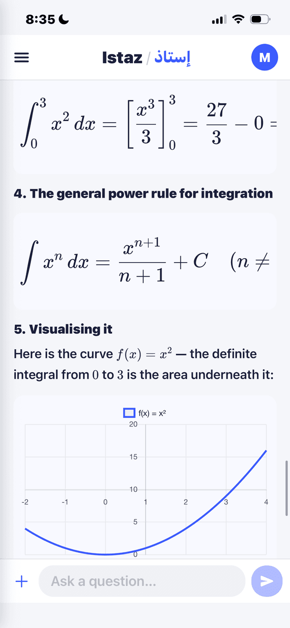 Istaz app screenshot showing a step-by-step calculus explanation with a graph